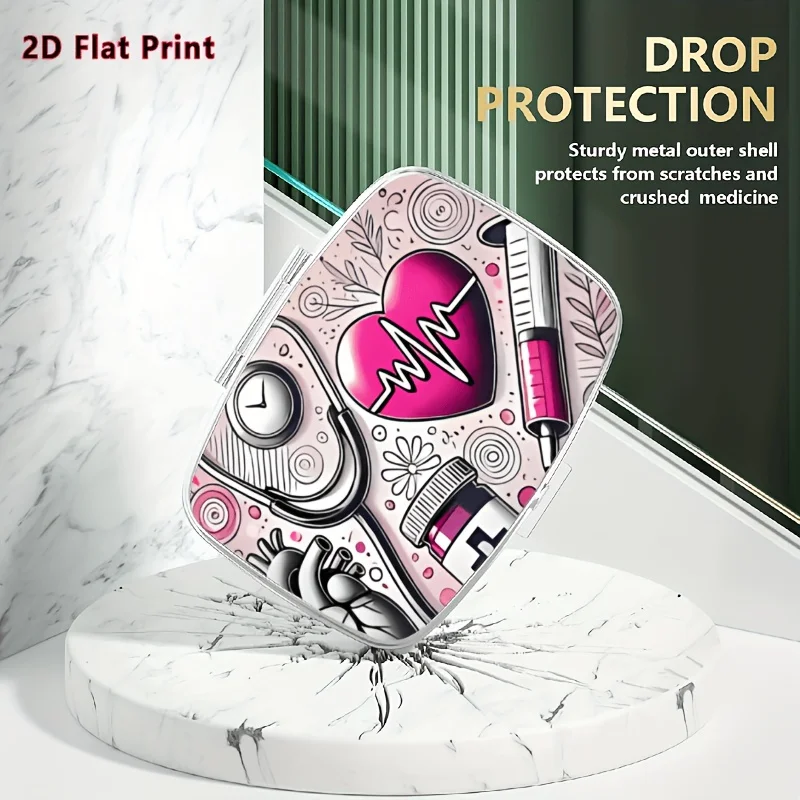 Flat 1Pc Cartoon Doodle Style Illustration Bright Pink Heart Waveform Theme Design Rectangular 2-Compartment Medicine Box Multifunctional Storage, Suitable for Home Travel Portable Organizer - Gift for Friends Family Holiday Commemorative Present