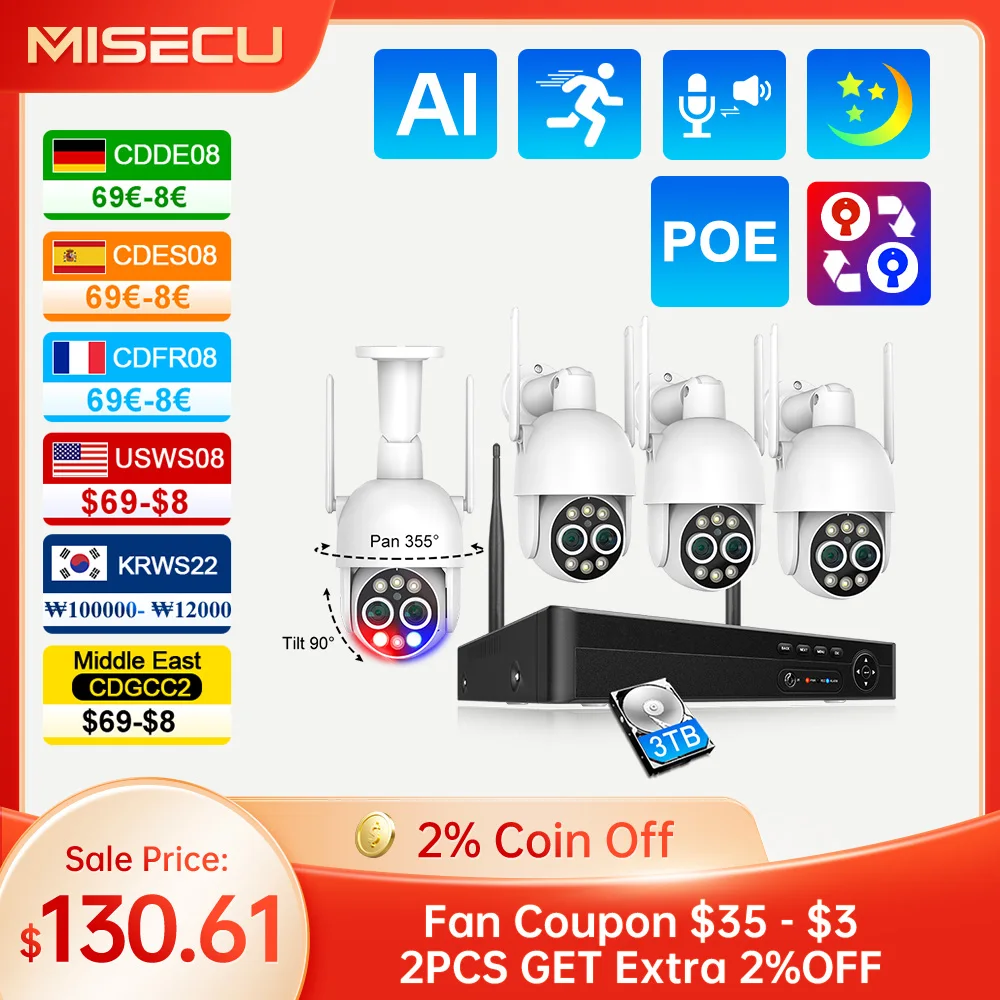 MISECU PTZ 8MP 8CH Wireless Surveillance Security System Dual Lens Human Detection Auto Track Two Way Audio WIFI NVR Camera Kit