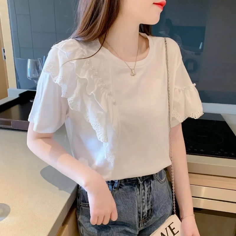 Korean Fashion Summer New Women\'s Solid Color O-Neck Lace Embroidered Flares Ruffles Elegant Loose Short Sleeve T-Shirts Tops