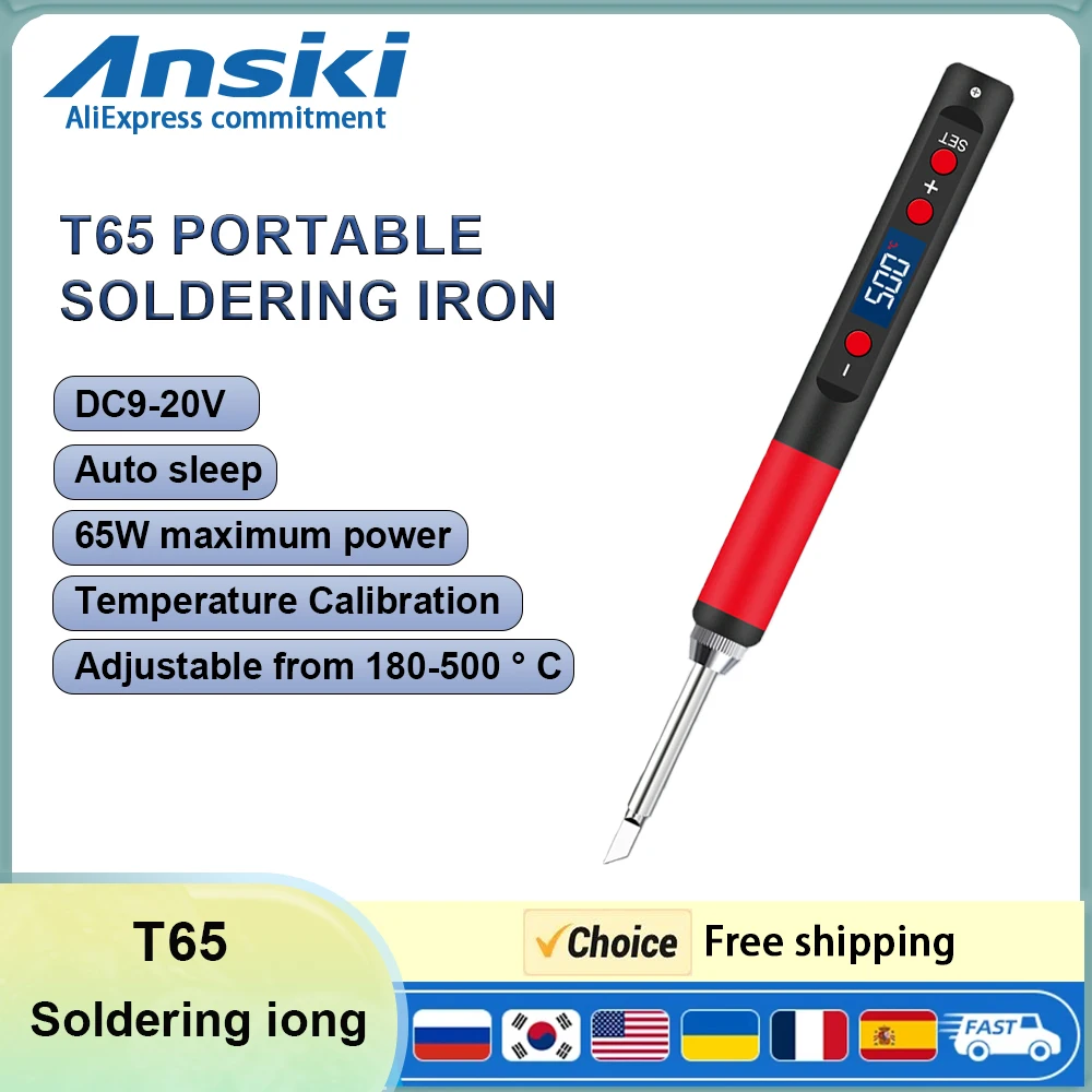

ANSIKI T65 Portable Soldering Iron 9-20V 65W 180-500°Adjustable Temperature DIY weld Repair Tool Portable welding kit