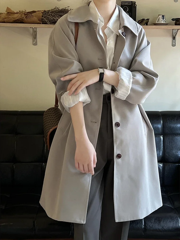 Korean Style Women's Trench Coat Casual Loose Fit Mid-Length Overcoat for Early Spring Fashion High-Street Za-Inspired Elegant