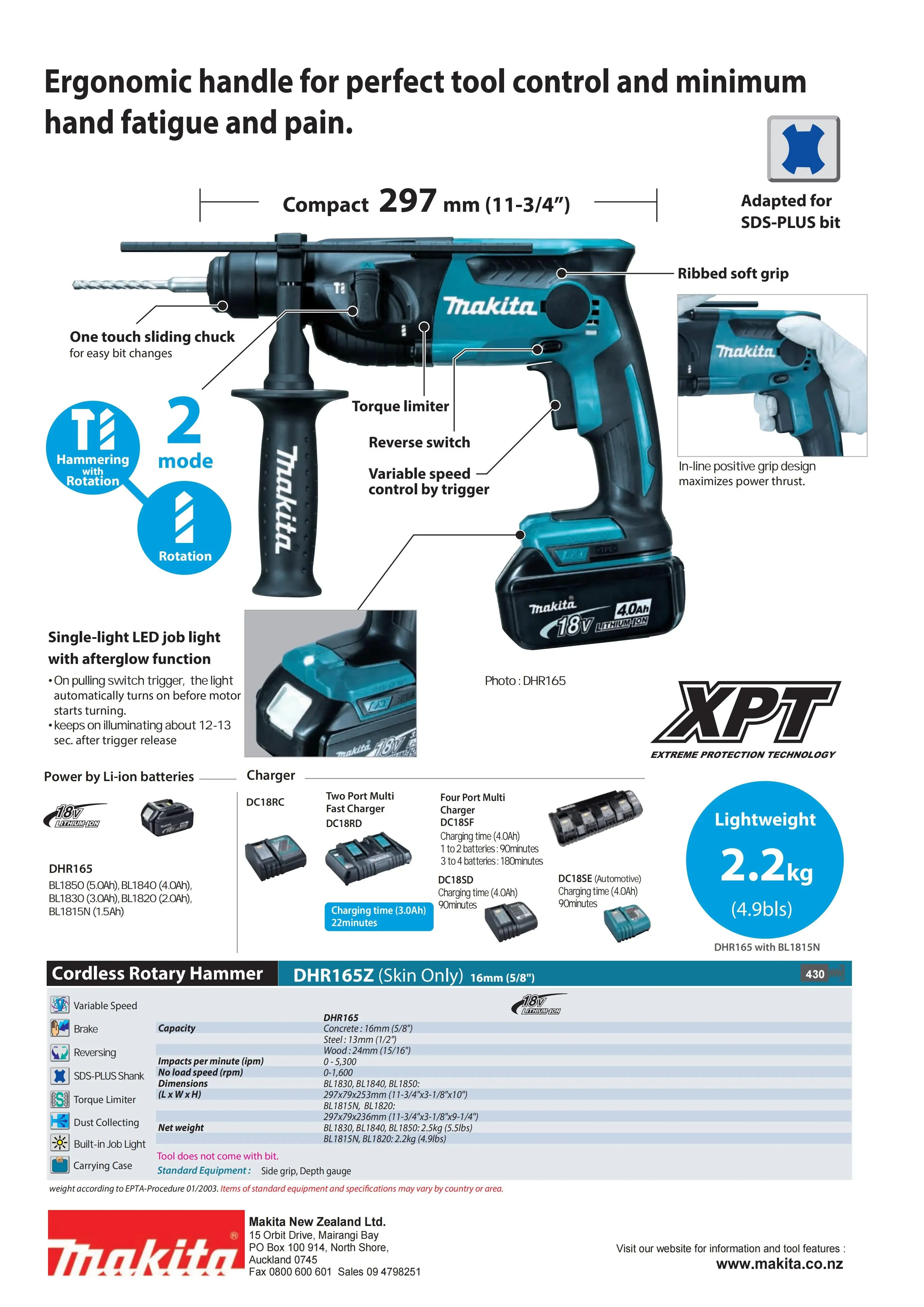 Makita DHR165Z Cordless 16mm Rotary Hammer - SDS-Plus LXT 18V Lithium Power Tools