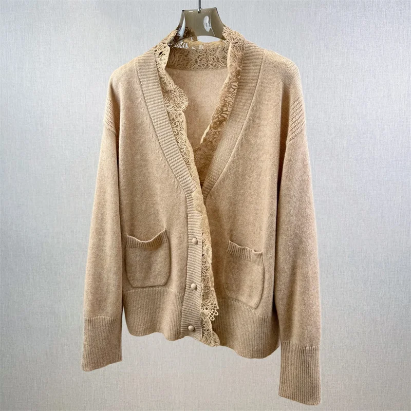 

Кардиган для женщин, зима 2025, кружевной лоскутный топ с v-образным вырезом и длинными рукавами, шерстяной женский свитер, однобортное облегающее пальто