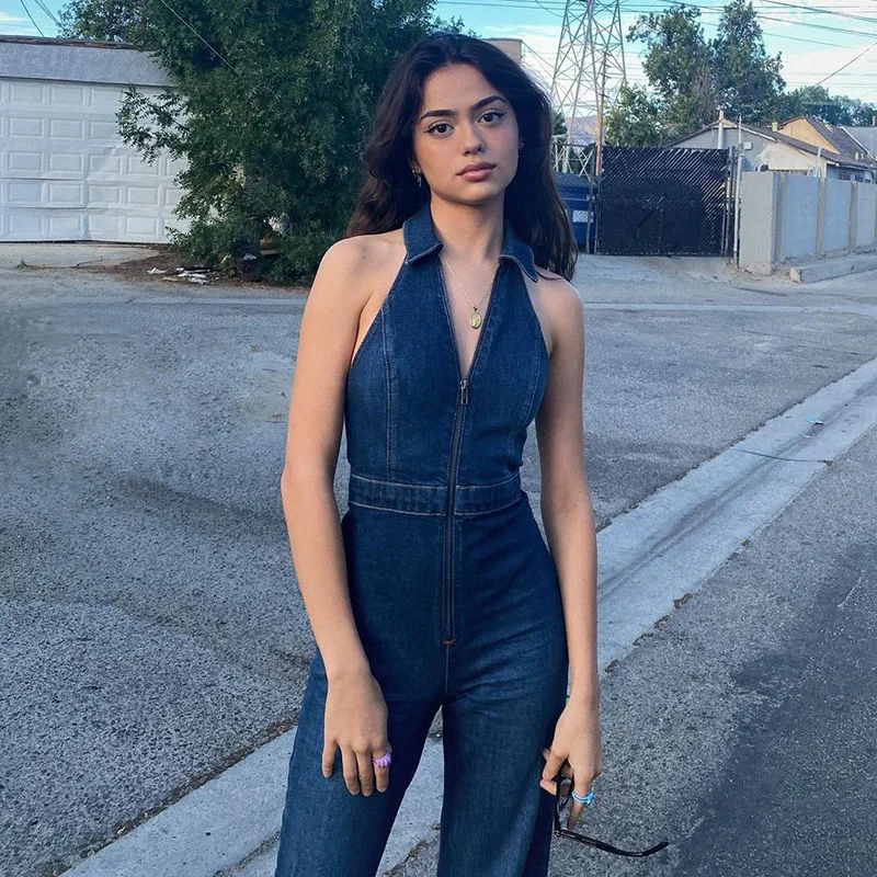 

Summer Women's V Neck Zipper Sleeveless Sexy Slim Fit Fashionable Retro Street Hottie High Waisted Denim Straight Cut Jumpsuit