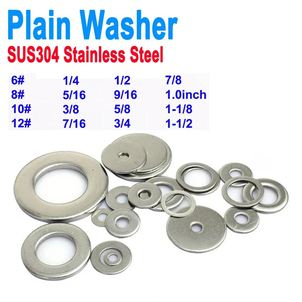 

6# 8# 10# 12# 1/4'' to 1-1/2'' SUS304 A2 Stainless Steel Plain Washers SAE Standard for UNC UNF BSW Screws and Bolts