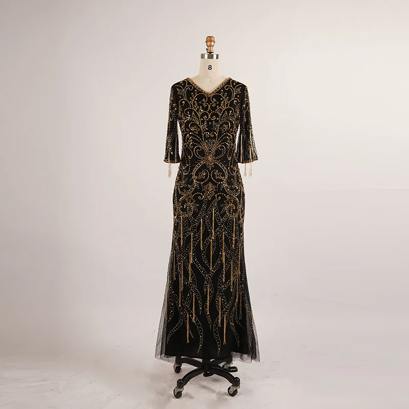 

Luxury Black Evening Dress for Women Custom Wedding Guest Gown with Heavy Gold Sequin Beading R11