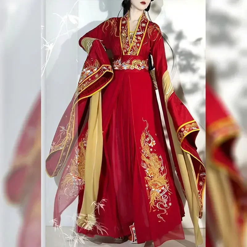 Chinese Style Traditional Dress Hanfu Dress Set Women Weijin Dynasty Flower Embroidery Red Wedding Dress Vintage Elegant Robe