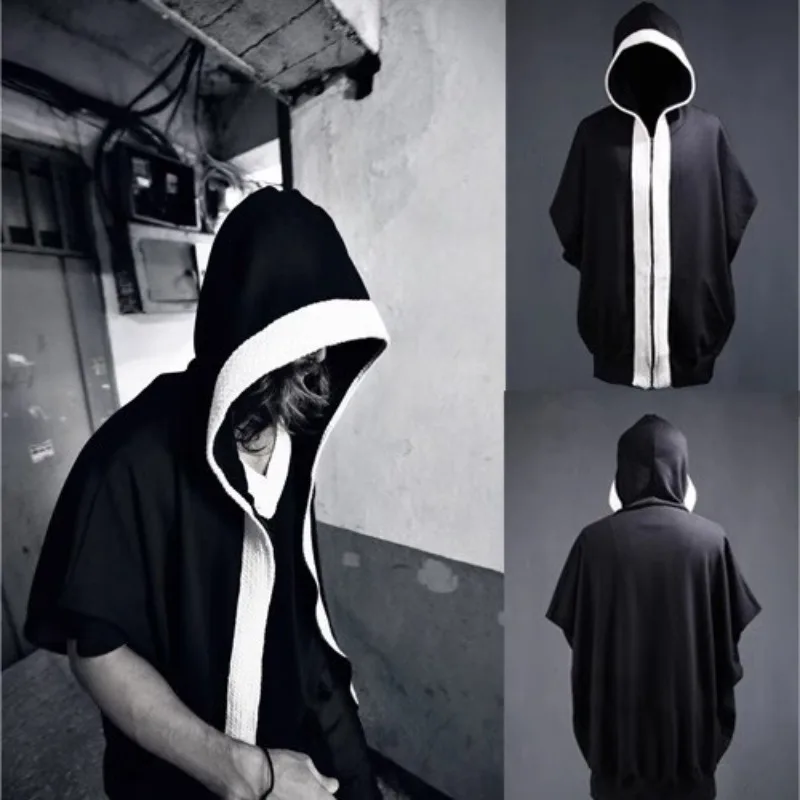 Men's Dark Hip Hop Hooded Cardigan Bat Sleeve Zipper Coat Summer Loose Color Matching Top