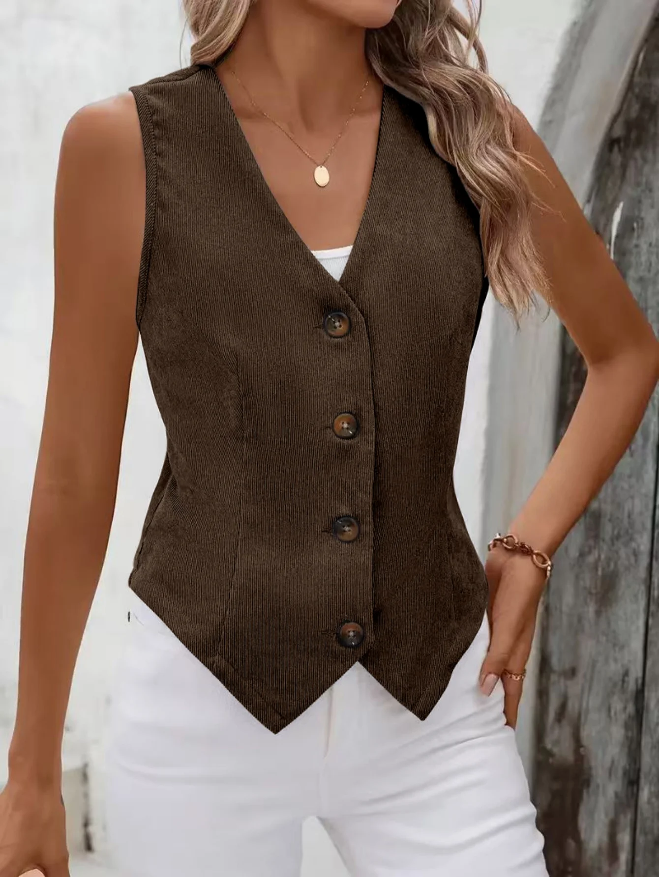 Women's Vintage Corduroy Vest, V-Neck Button Down Slim Fit Waistcoat, 90s Retro Sleeveless Casual Brown Tank Top for Layering
