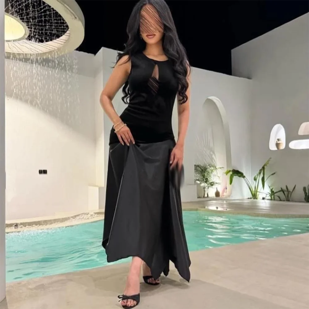 

Customized Black A-Line Prom Dresses Floor-Length O-Neck Sleeveless Evening Gown Simple Fashion Draped Sexy Party Dresses