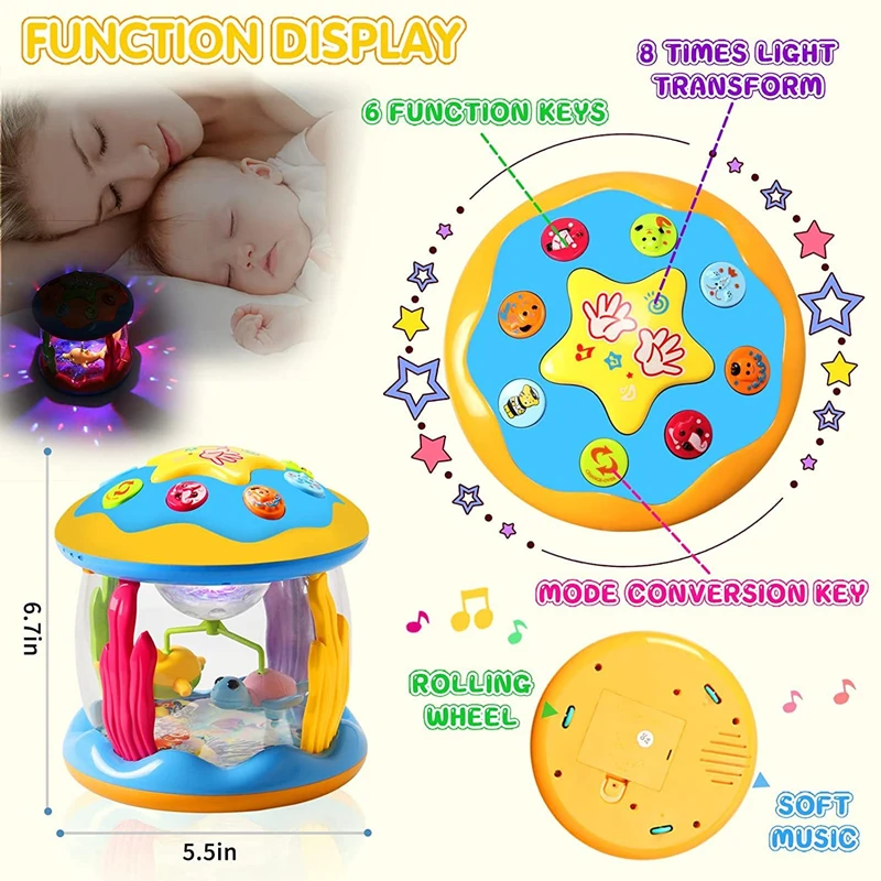 Baby Toys 6 to 12 Months Musical Light Up Tummy Time Infant Toys Ocean Rotating Projector Baby Education Toy for Toddlers Kids