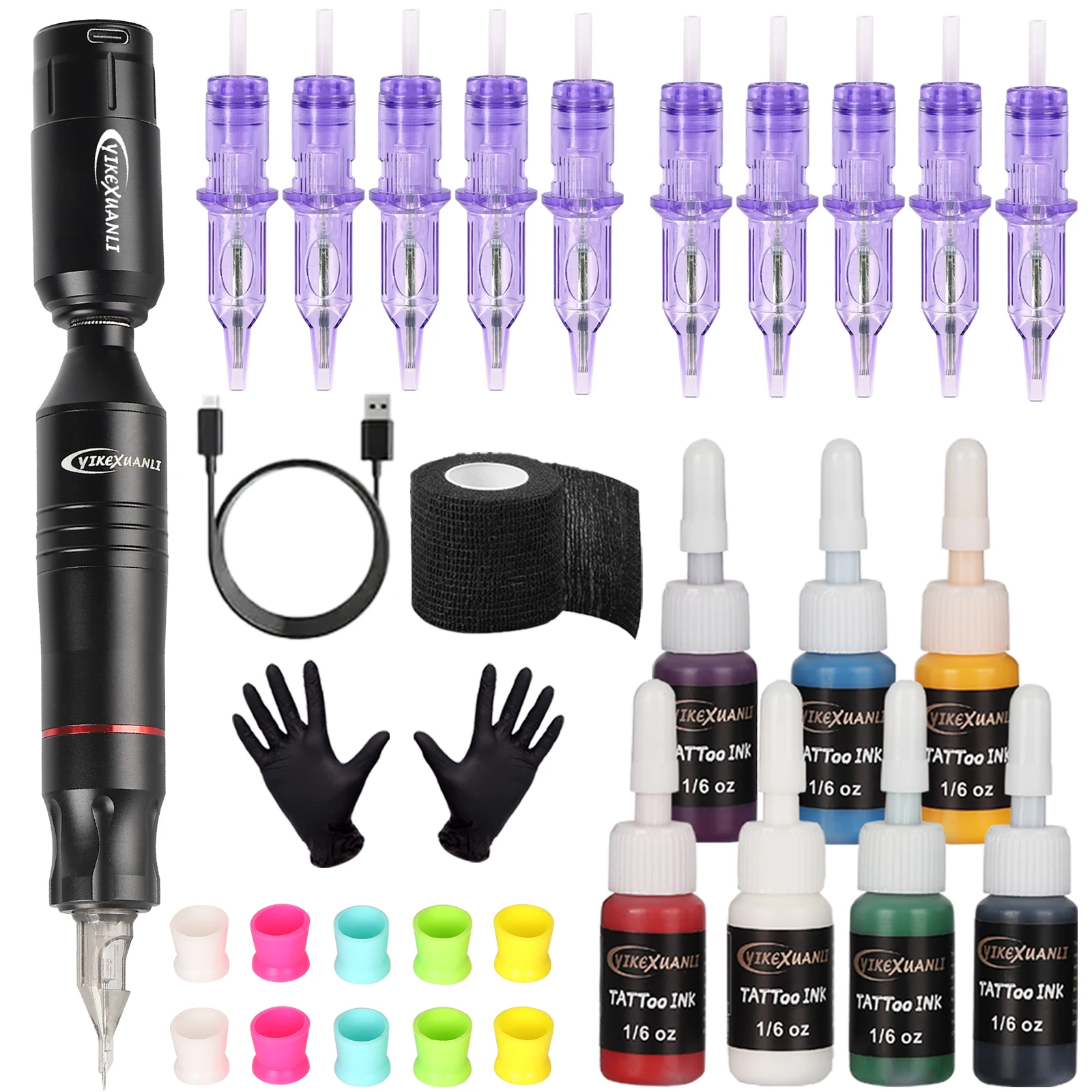 

[Беспроводной тату-пистолет] YikexuanliWireless Tattoo Gun Kit, портативное оборудование для татуировки - иглы для тату-картриджей, чернила, макияж