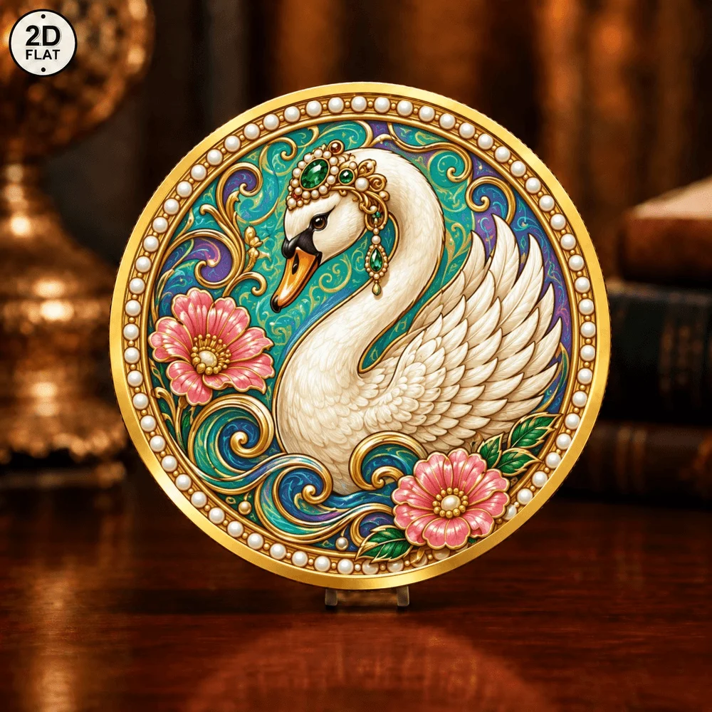 1pc 2D Print Luxury Wildlife Collectible Coin Floral Peacock & White Swan Commemorative Token Wedding Birthday Gifts for Her