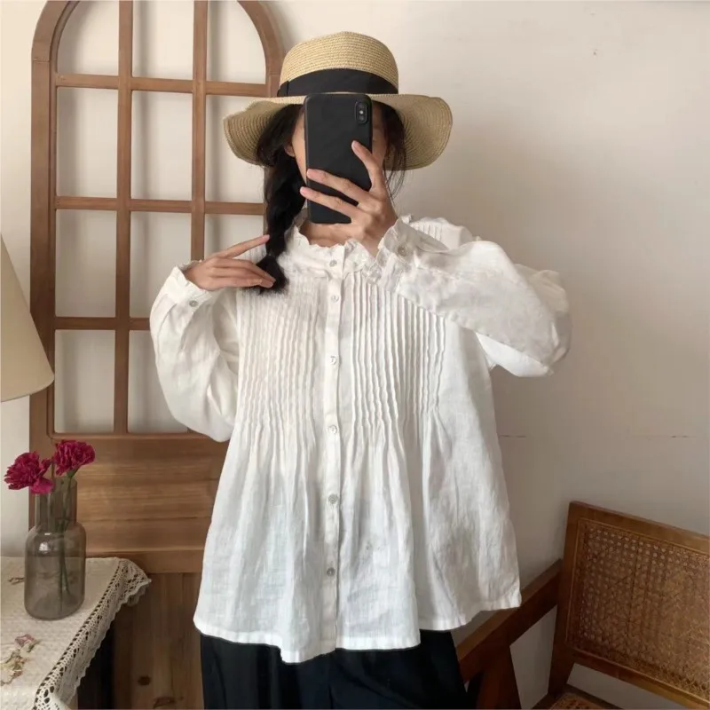 Johnature Summer New Linen Shirts 2024 Ruffles Collar Loose Solid Color Pleated Casual Vintage Loose Women Blouses