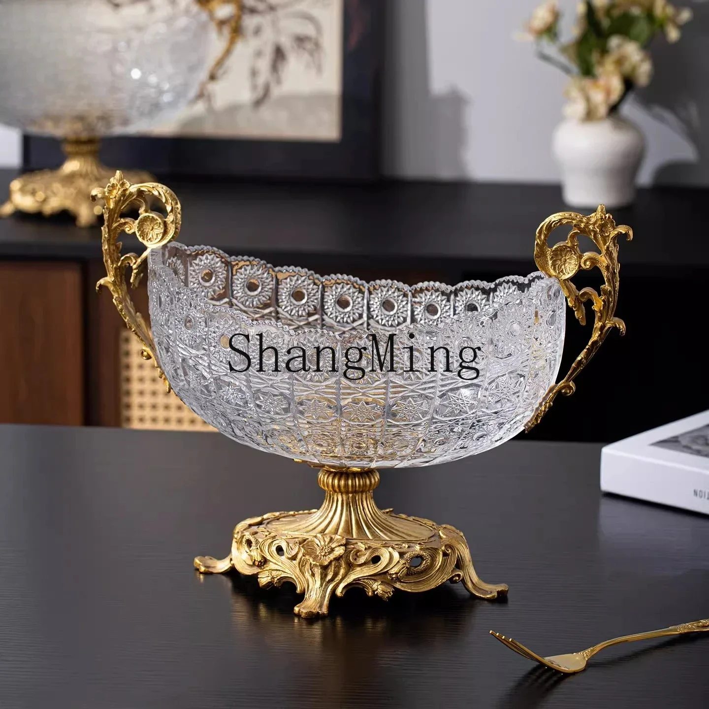 CL  Home Decor High-End Copper Inlaid Crystal Glass Home Fruit Bowl Fruit Storage Art Ornament