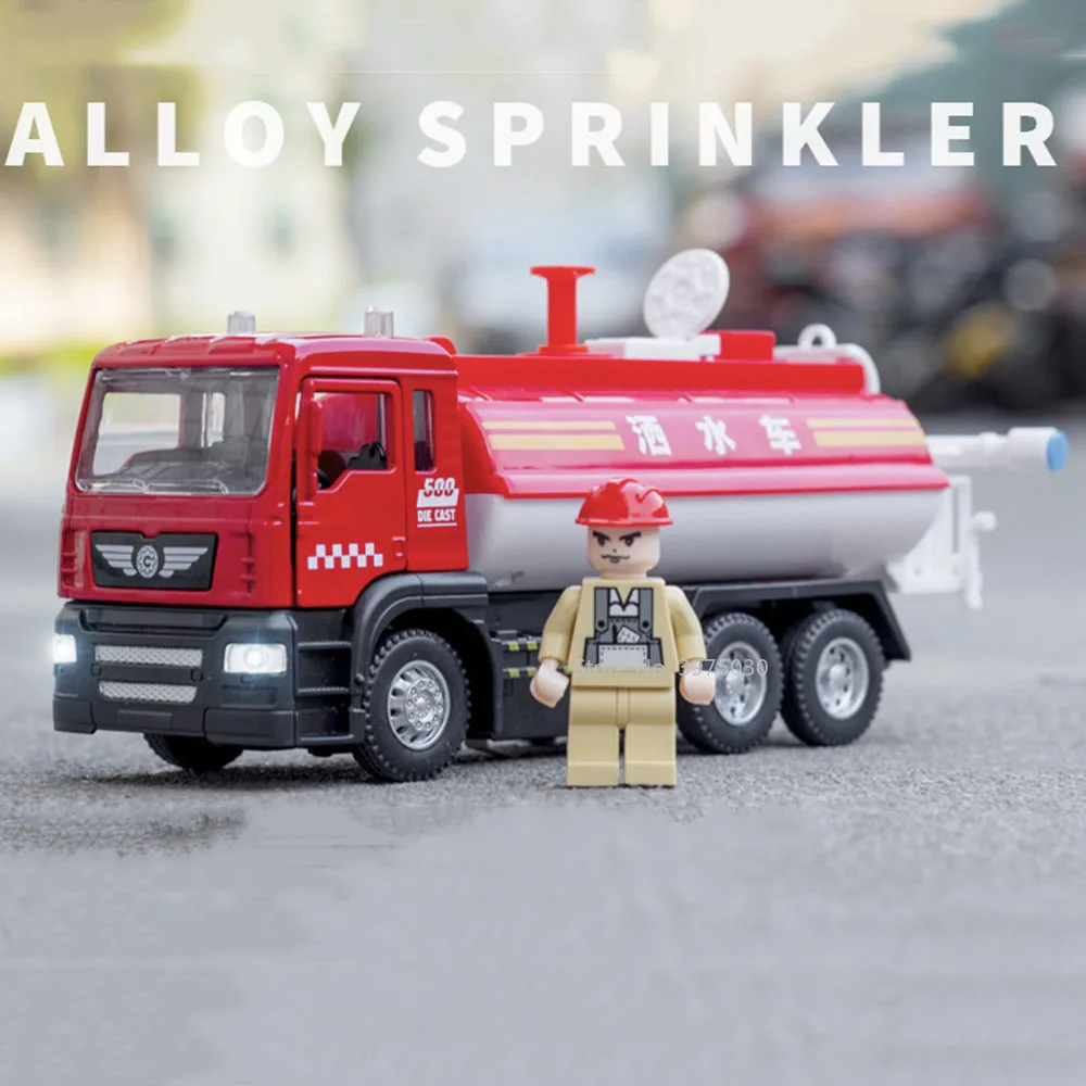 

1/50 Environmental Sanitation Sprinkler Truck Alloy Diecast Car Model Toy Simulation Vehicle Pull Back Rubber Tire Toys for Boys