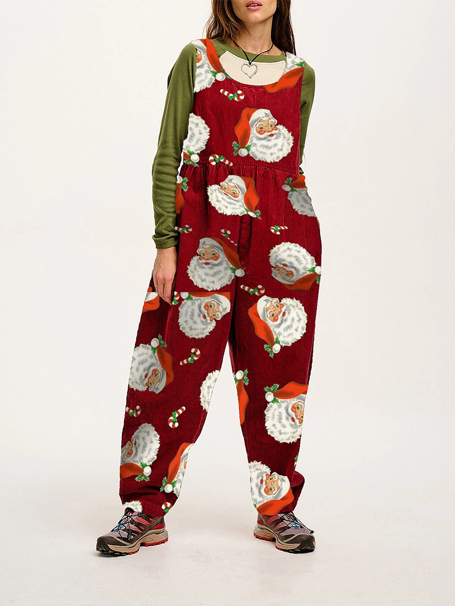 Women Christmas Bib Overalls Santa Claus Print Baggy Jumpsuit Romper Pants with Pockets for Streetwear