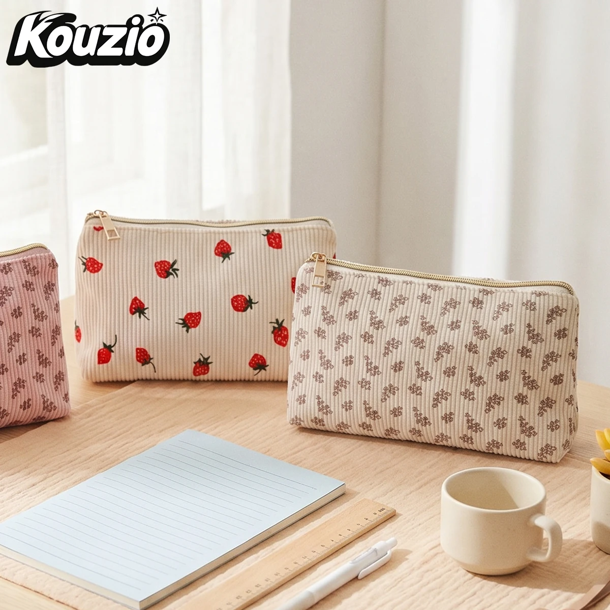 Fresh Strawberry & Floral Print Large Capacity Pencil Case Multifunctional Pen Bag Stationery Organizer Back to School Supplie