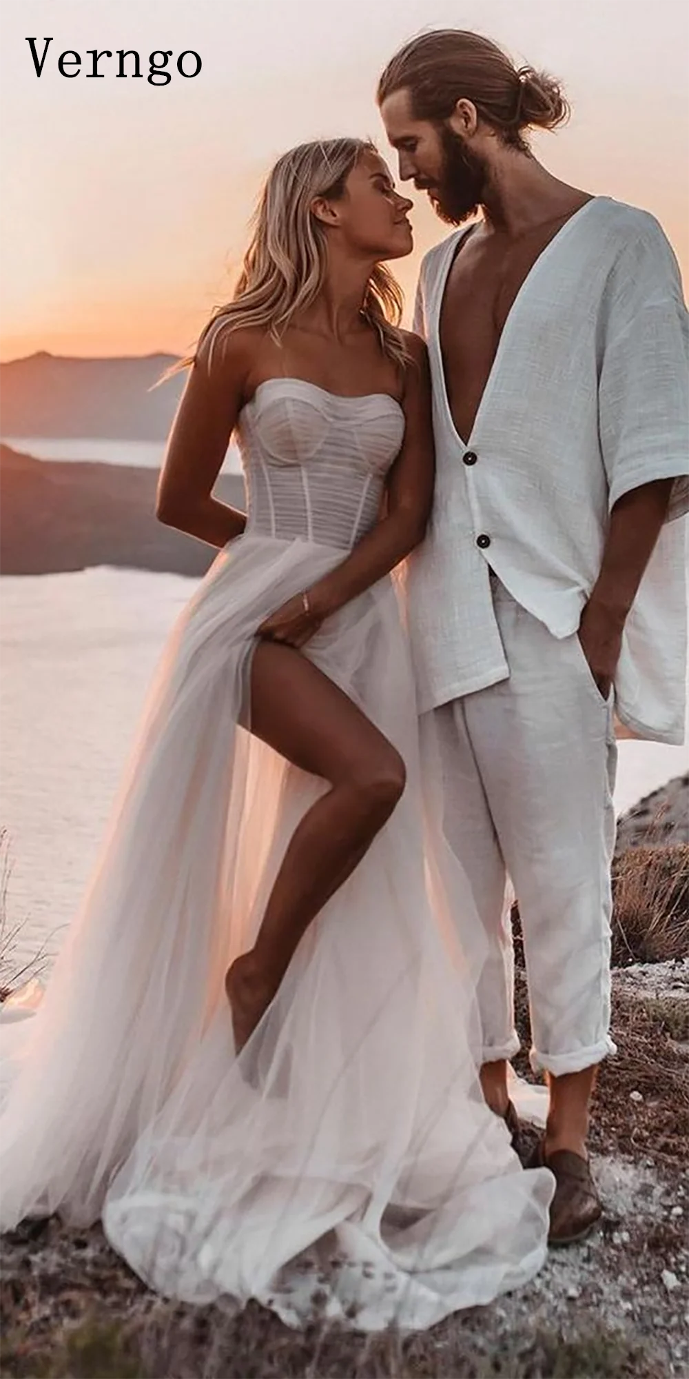 Verngo lvory Tulle Beach Wedding Dress 2024 Sweetheart A Line Bridal Gowns Women Sexy Ethereal Side Slit Wedding Gust Dress