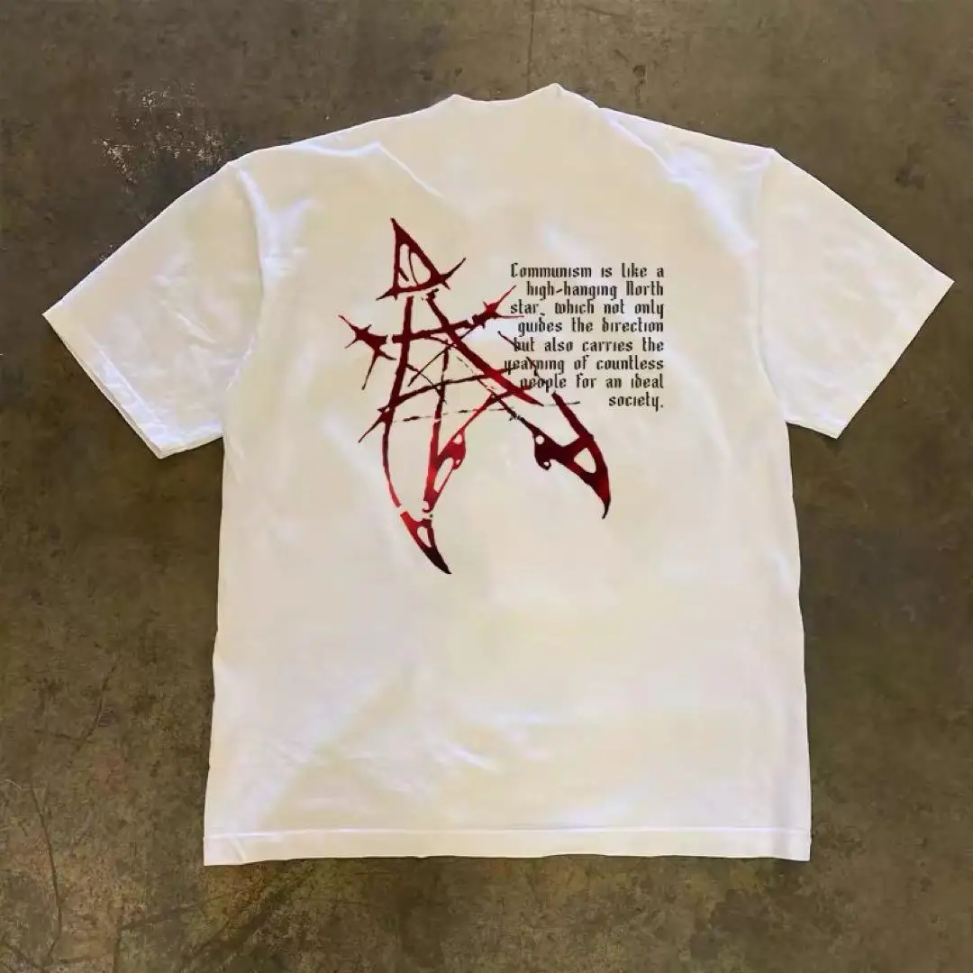 Y2K Gothic Letter with Barbed Wire Pentagram Graphic T-Shirt Cotton Men Women Streetwear Tee