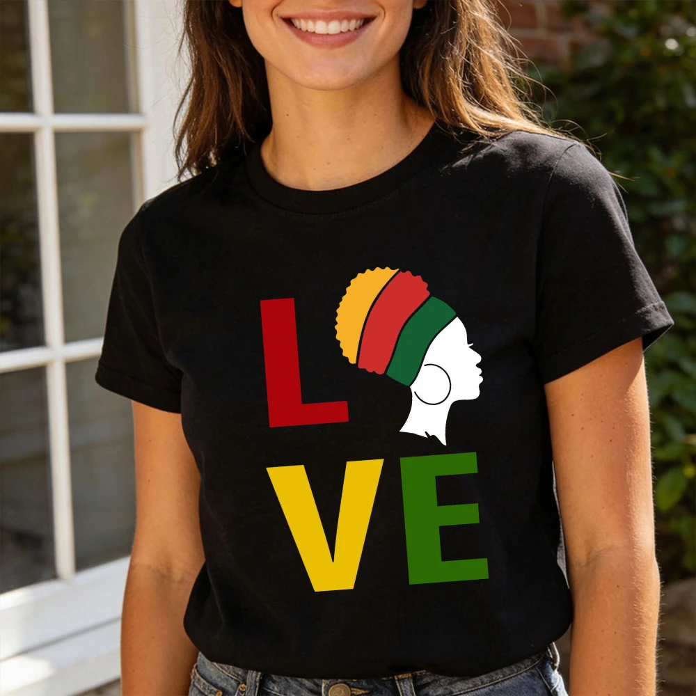 Love Rasta Woman Head Design Women T-Shirt Love African Pattern T-shirt with Letter Printing and African Woman Portrait Printing