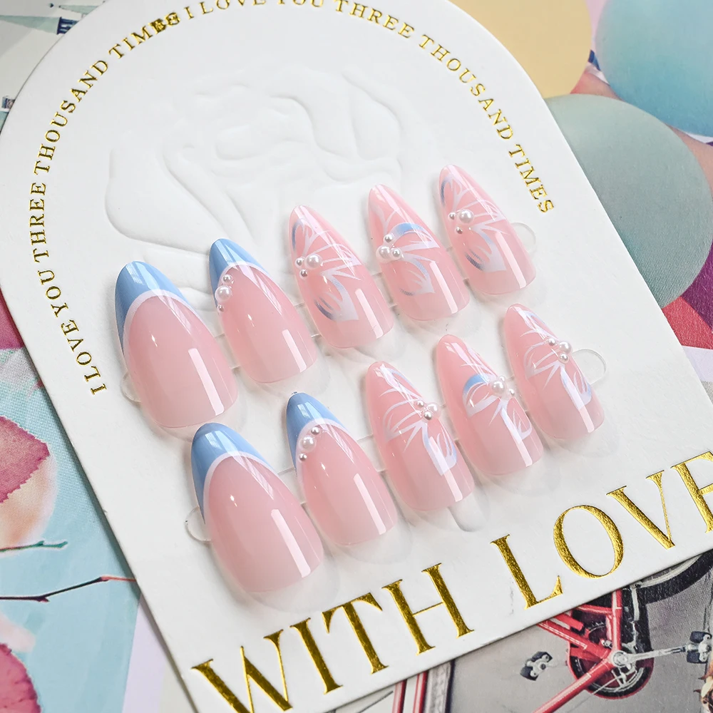 24Pcs French Blue Edge White Flower Press On Nails with 3D Pearls Short Almond Fake Nails Fashion Women Wearable False Fingertip