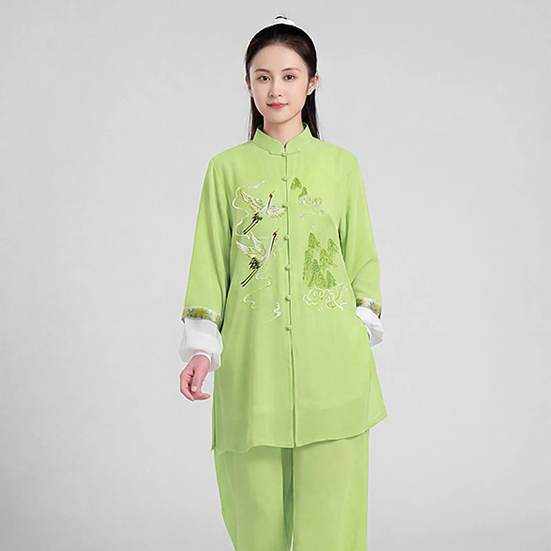 Hand-Painted Crane Tai Chi Suit – Flowy Linen Blend Uniform for Performance  Qigong, Custom-Made in Light Green, Spring/Summer
