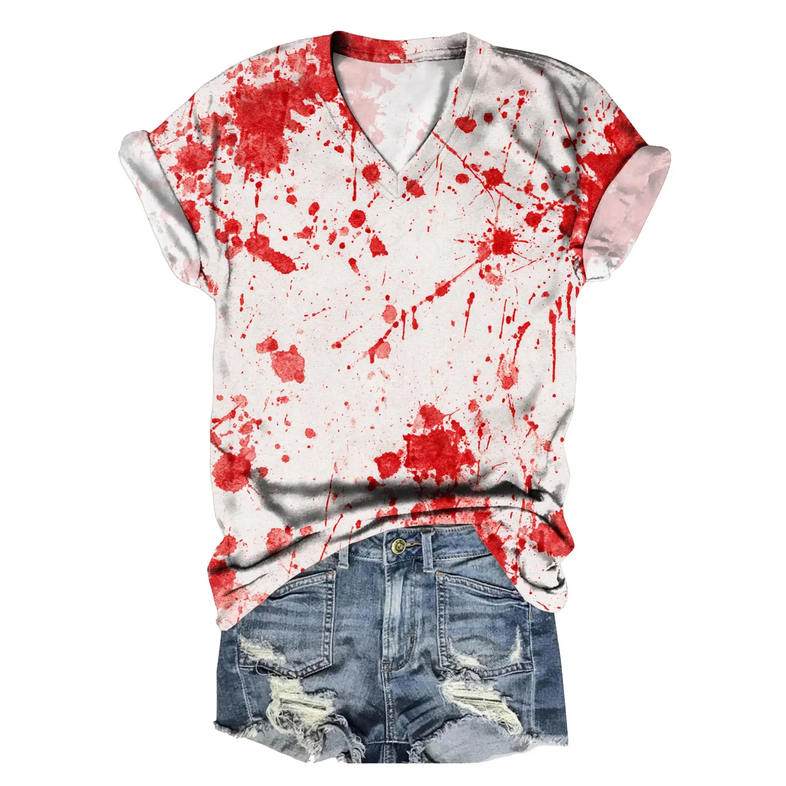 هالوين تي شيرت الدم سبلاش نمط المرأة بلايز الصيف الدموية المطبوعة قصيرة الأكمام قميص الخامس الرقبة الرعب الدموي Harajuku تيز