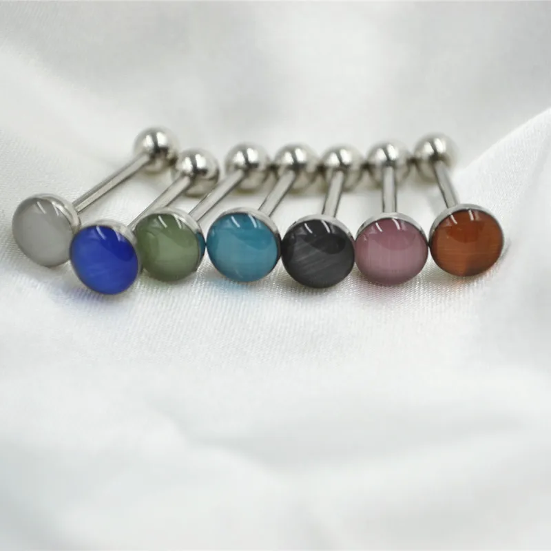 50pcs/Lot  Surgical Steel Tongue Ring Bar Nipple Straight Barbells Cateye Gemstone Body Piercing Jewelry 1.6X16X5/7MM NEW