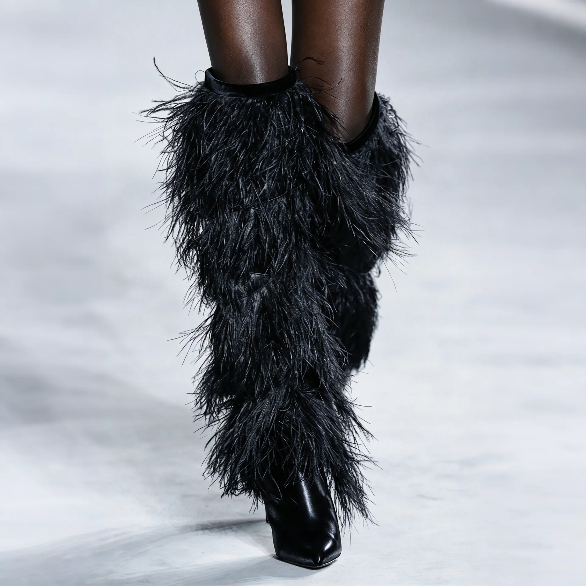 Women Blue White Black Feather Thigh High Boots Pointed Toe Stiletto Heel Over The Knee Boots Fashion Runway Party Dress Winter