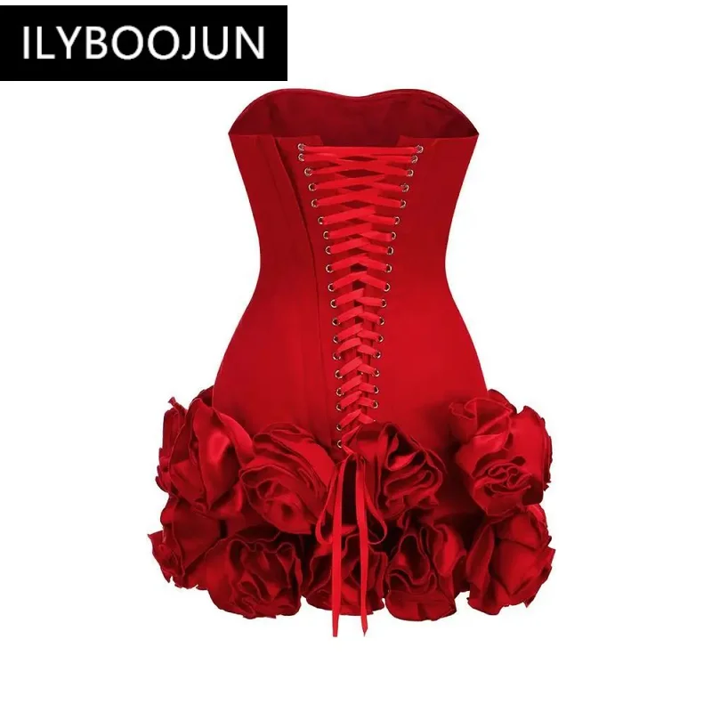 Ladies Sexy Strapless Backless Red Flower Mini Women Celebrity Dress Party Evening Club Vestido Bodycon Luxury Wrap