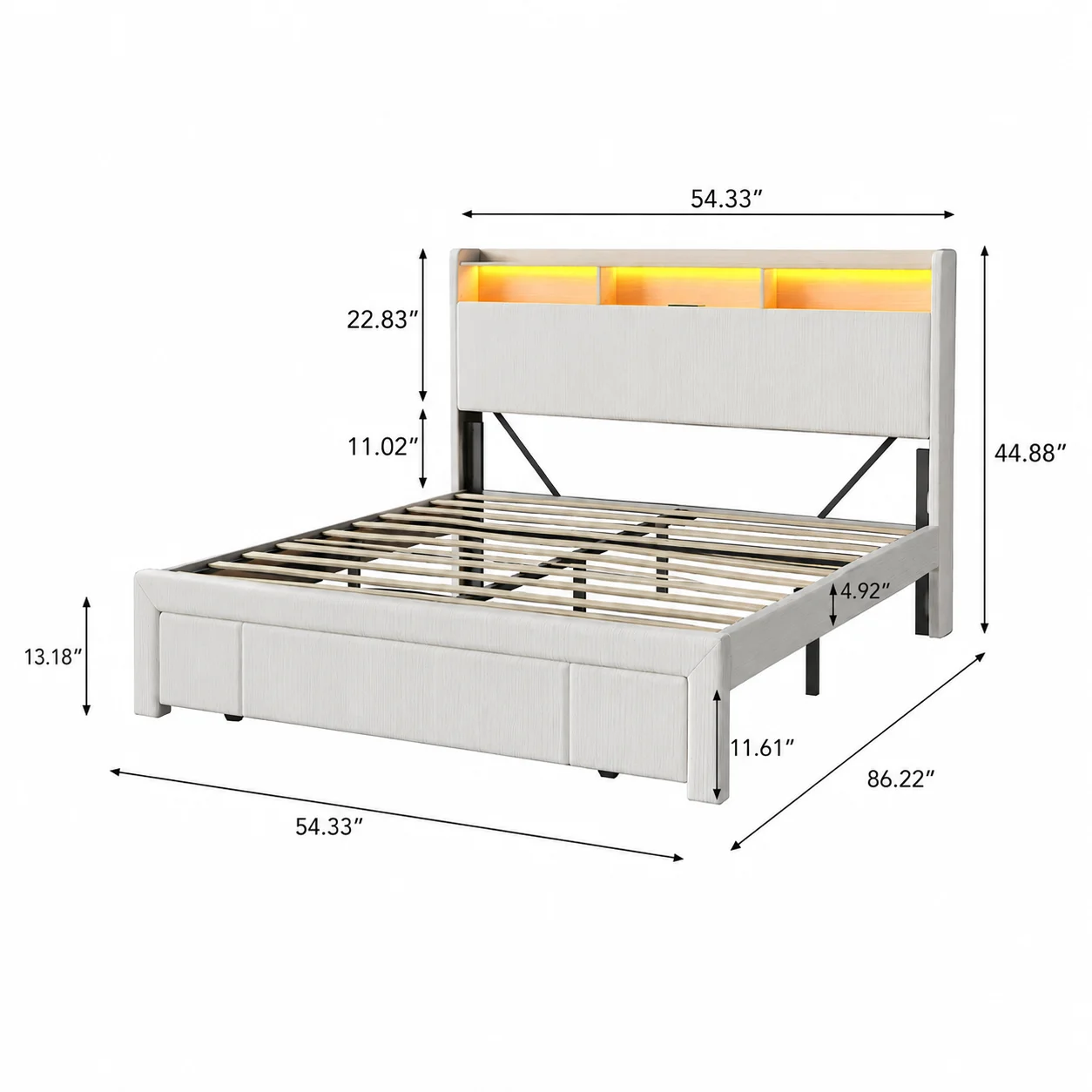 Full-size upholstered bed with drawers, featuring an upholstered storage headboard, heavy metal crossbar support, LED and USB ch