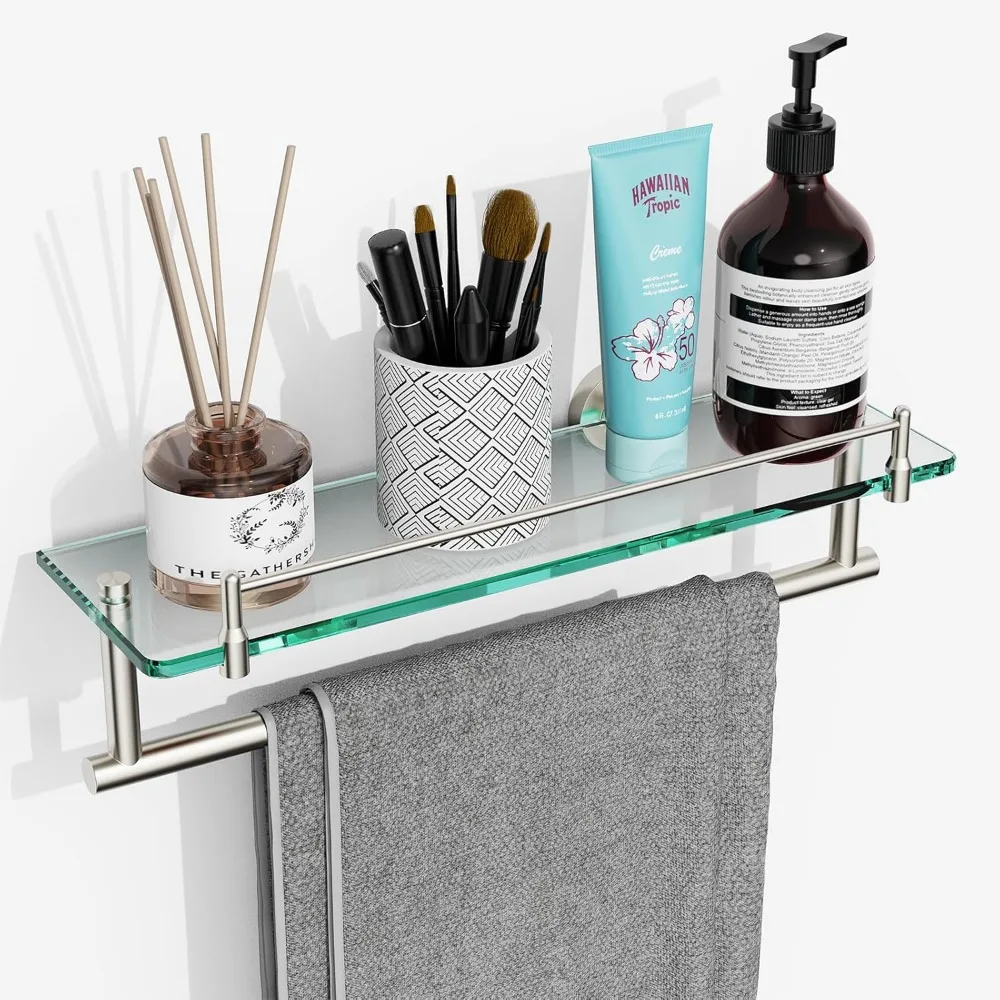 

Glass Shelf for Bathroom with Towel Bar,16-Inches Brushed Nickel Floating Glass Shelf with Towel Rack Rectangular Tempered Glass