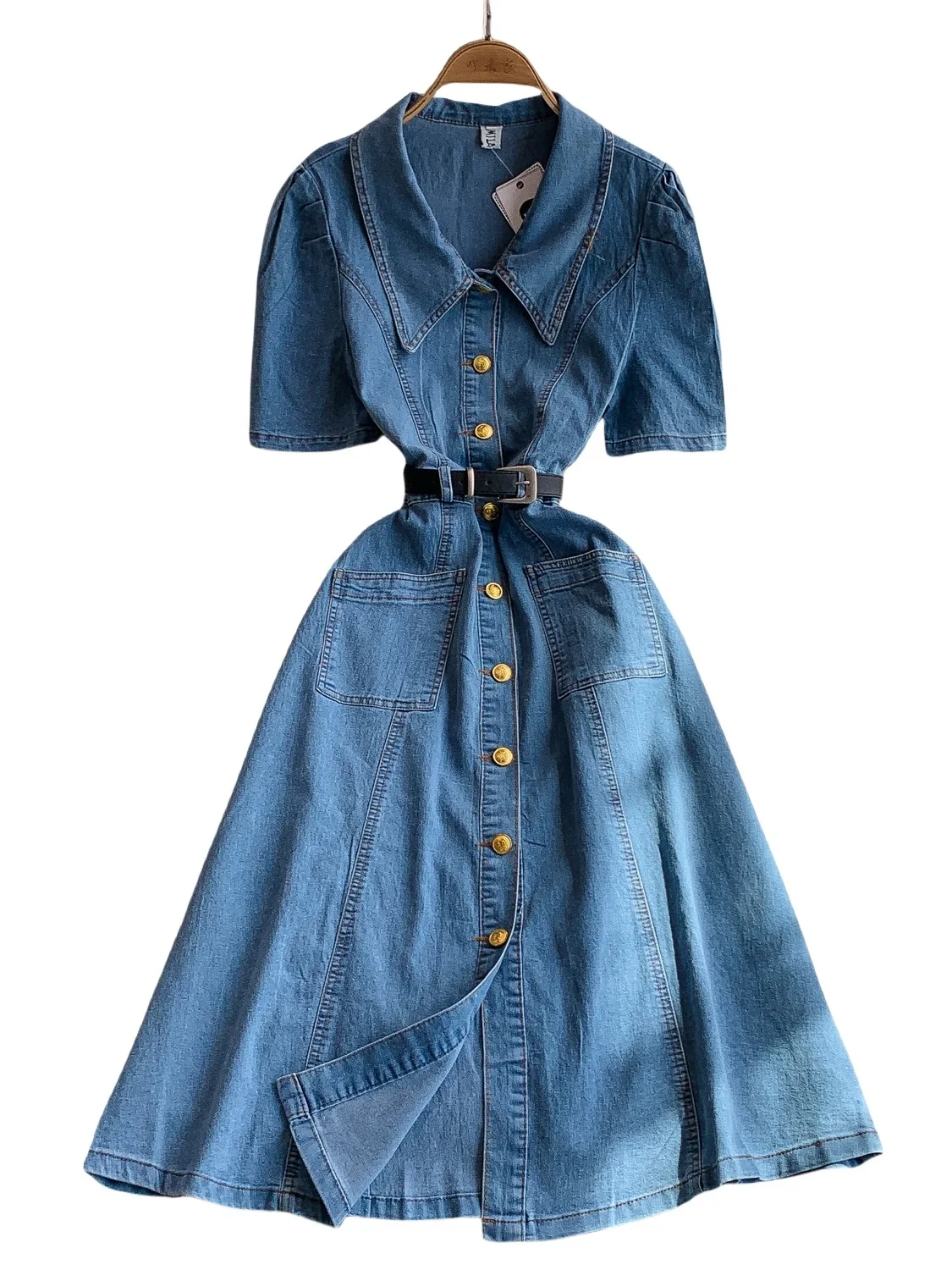 Retro Hong Kong Sle Blue Denim Dr Damen Sommer Metall Bule Schlankheitsgürtel Hohe Taille A-Linie Midi Dr Koreanische Sle
