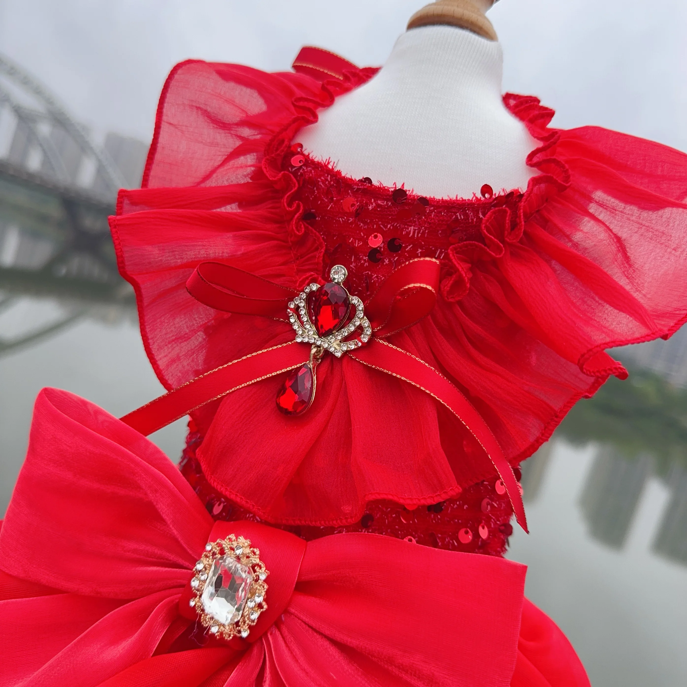 Fashion Red Pet Dog Clothes Luxury Handmade Cotton Lace Crystal Bow Princess Dress For Small Medium Dog Poodle Puppy Coat Skirts