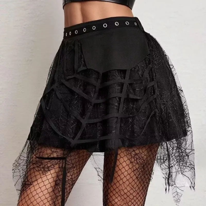Gothic Punk Black Skirts Patchwork Lace Midi Skirt Spring/Summer New Spider Web Chic Design Hotsweet Girls Irregular Short Skirt