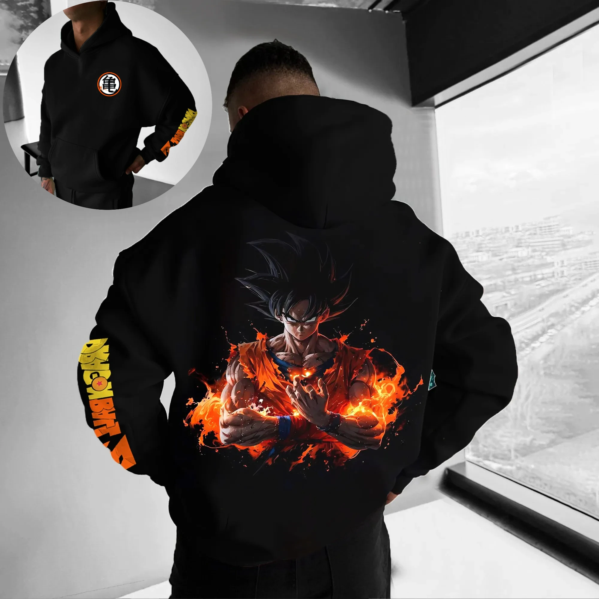 

Dragon Ball Z Goku Super Saiyan Толстовка с принтом на спине Мужская черная оранжевая энергия пламени Японский рукав Текстовая уличная мода Повседневная