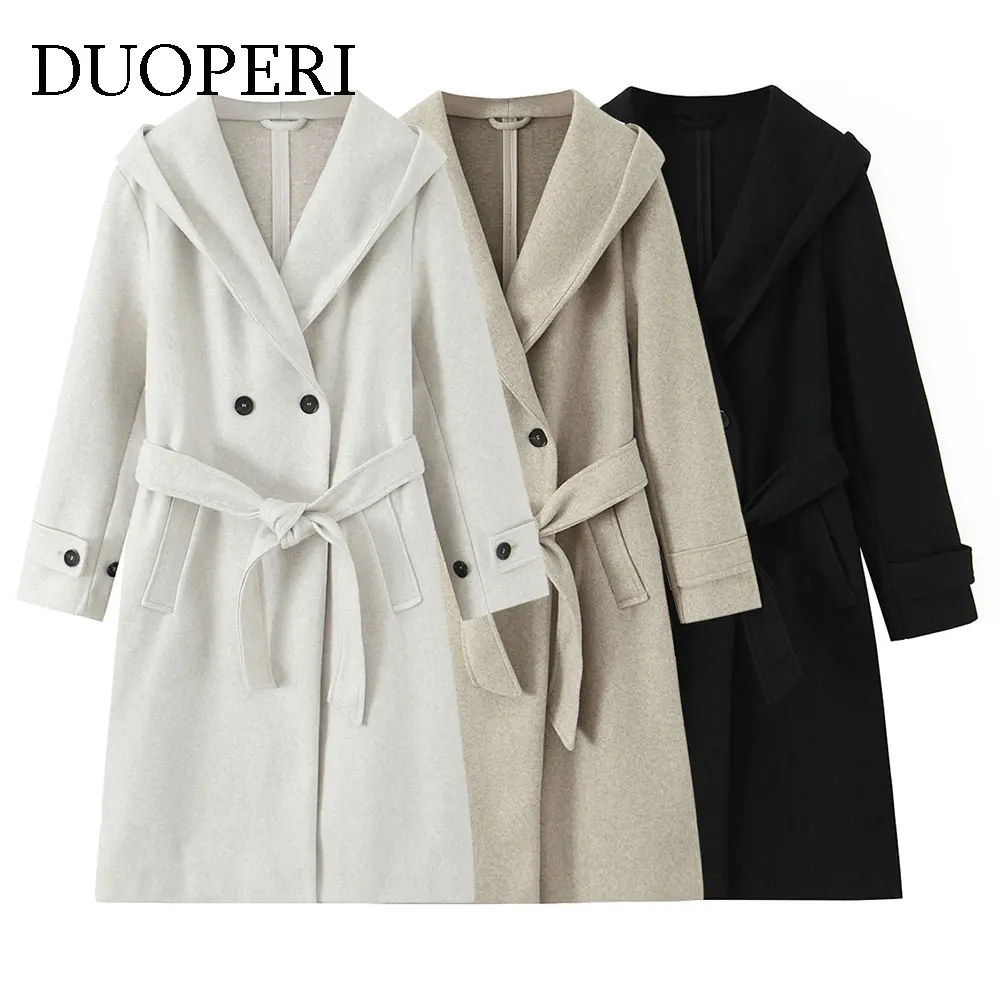 

DUOPERI Women Fashion With Belt Double Breasted Long Coats Casual Hooded Collar Full Sleeves Female Elegance Chic Lady Outfits
