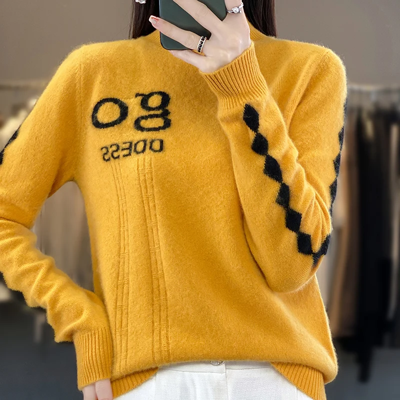 

100% pure wool women's sweater, cashmere high neck knitted pullover, Korean version fashionable long sleeved women's top