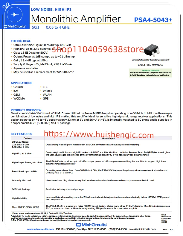 PSA4-5043+     RF amplifier IC for mobile phone, GSM, GPS, ISM, LTE, WCDMA, WiMAX, WLAN 50MHz ~ 4 MMM1362