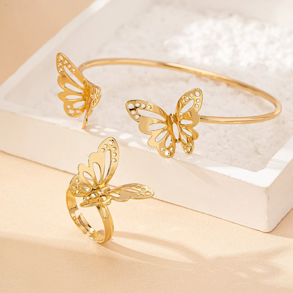 

Butterfly Bracelets Fashion Rings Cuff Bangles Set for Women Jewelry Adjusted Ring Newest Bangle Bracelet Sets Retro