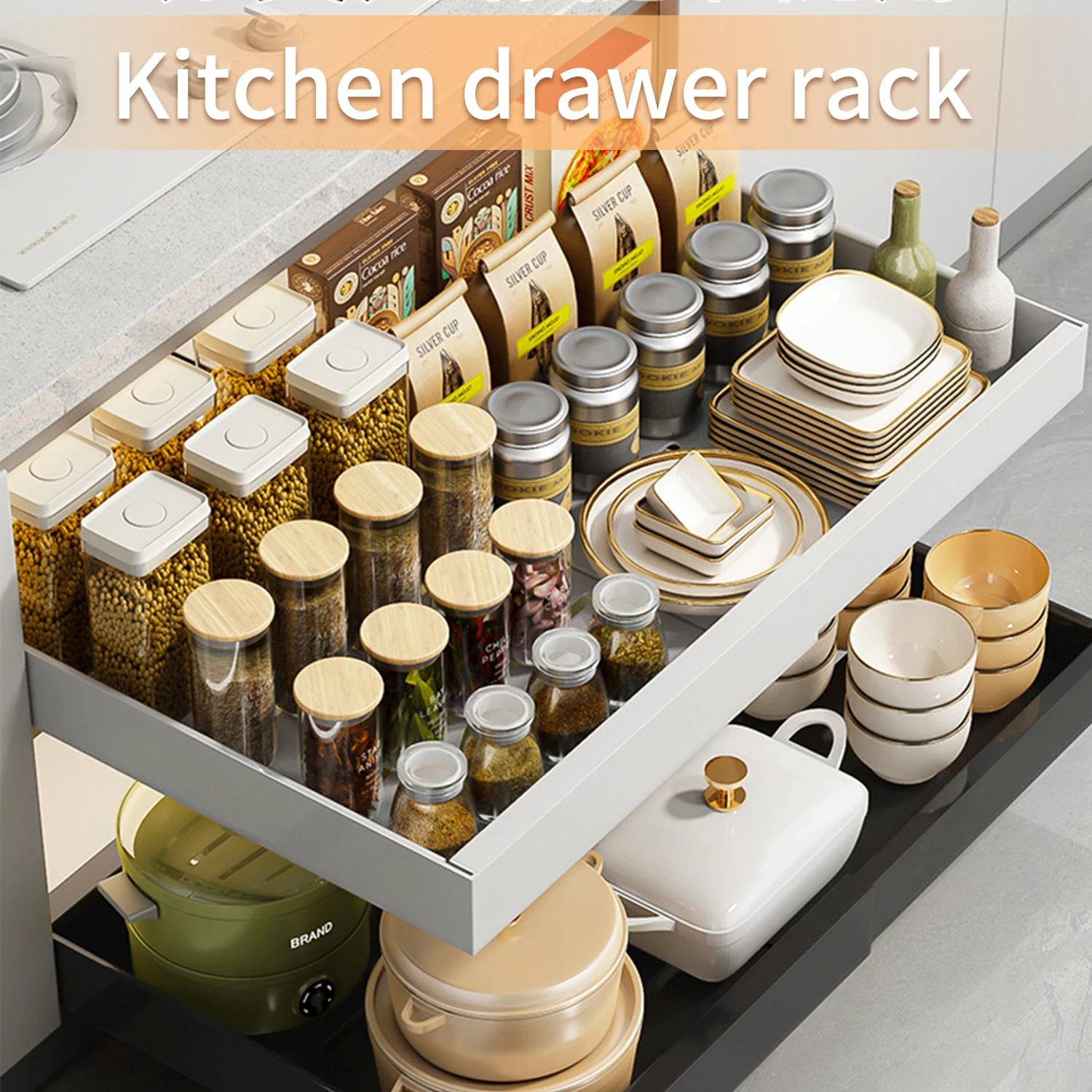 Telescopic Kitchen Storage Rack Drawer Type Storage Tray with Slide Rails Drawers Spice Box Storage Rack Cabinets Organizer