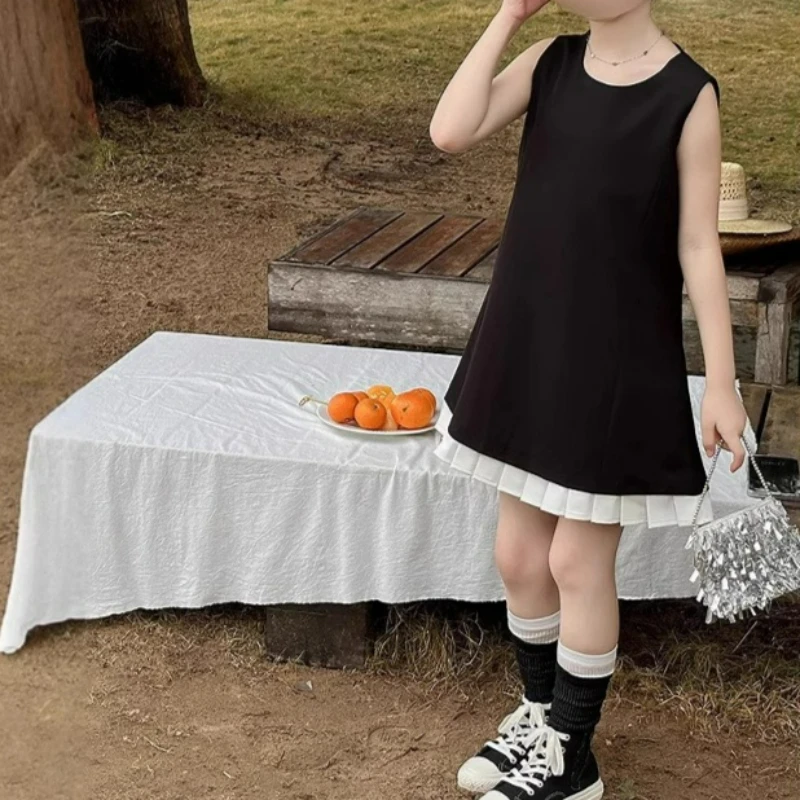 Girls' Dress Summer Outfit New Simple Temperament Style Black Dress White Wrinkled Edge Skirt Sleeveless Vest Dress