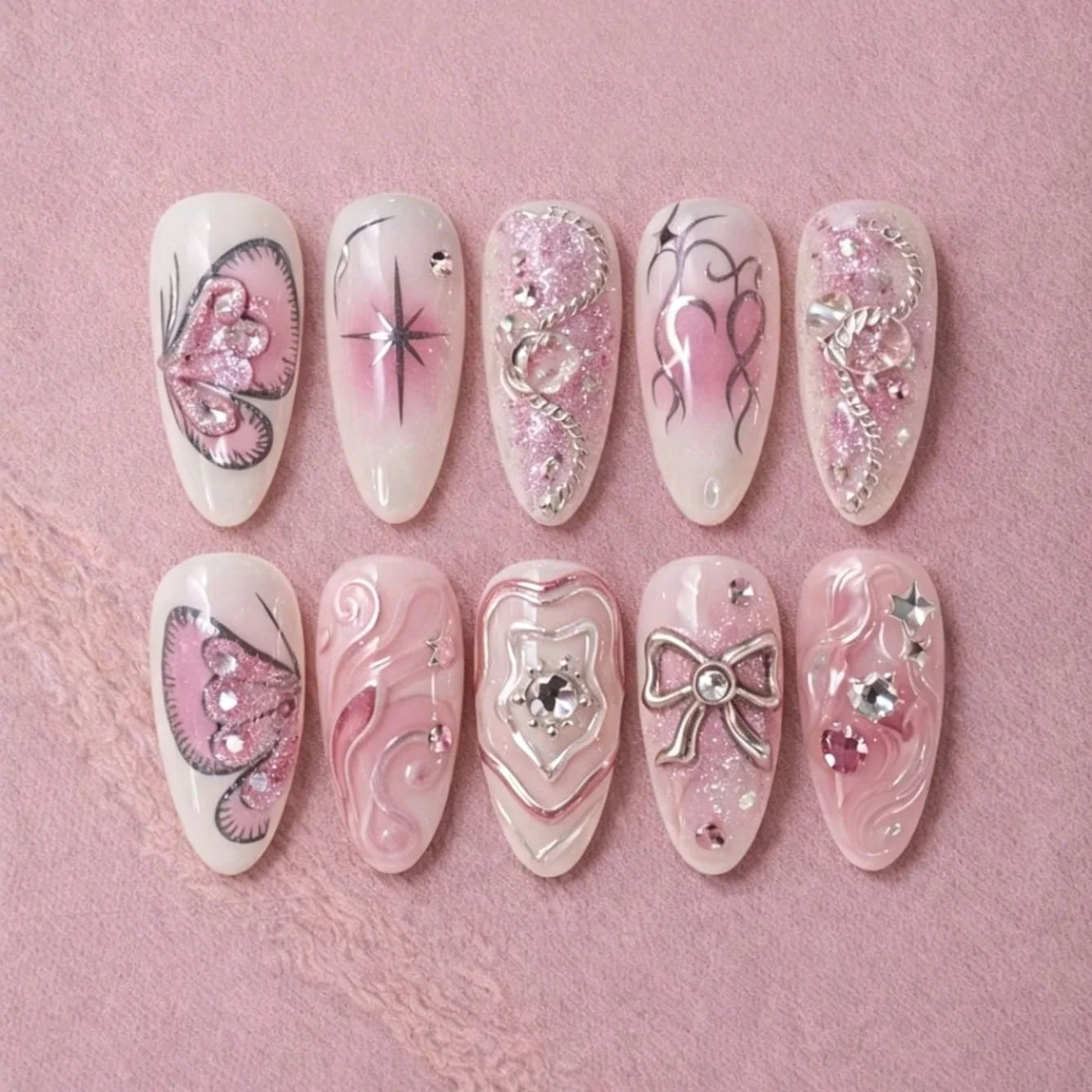 10-Piece Set Handmade Press On Nails, Fake Nails, Nail Supplies, Medium Almond Shape, Handmade 3D Relief & Hand-Painted Craft,