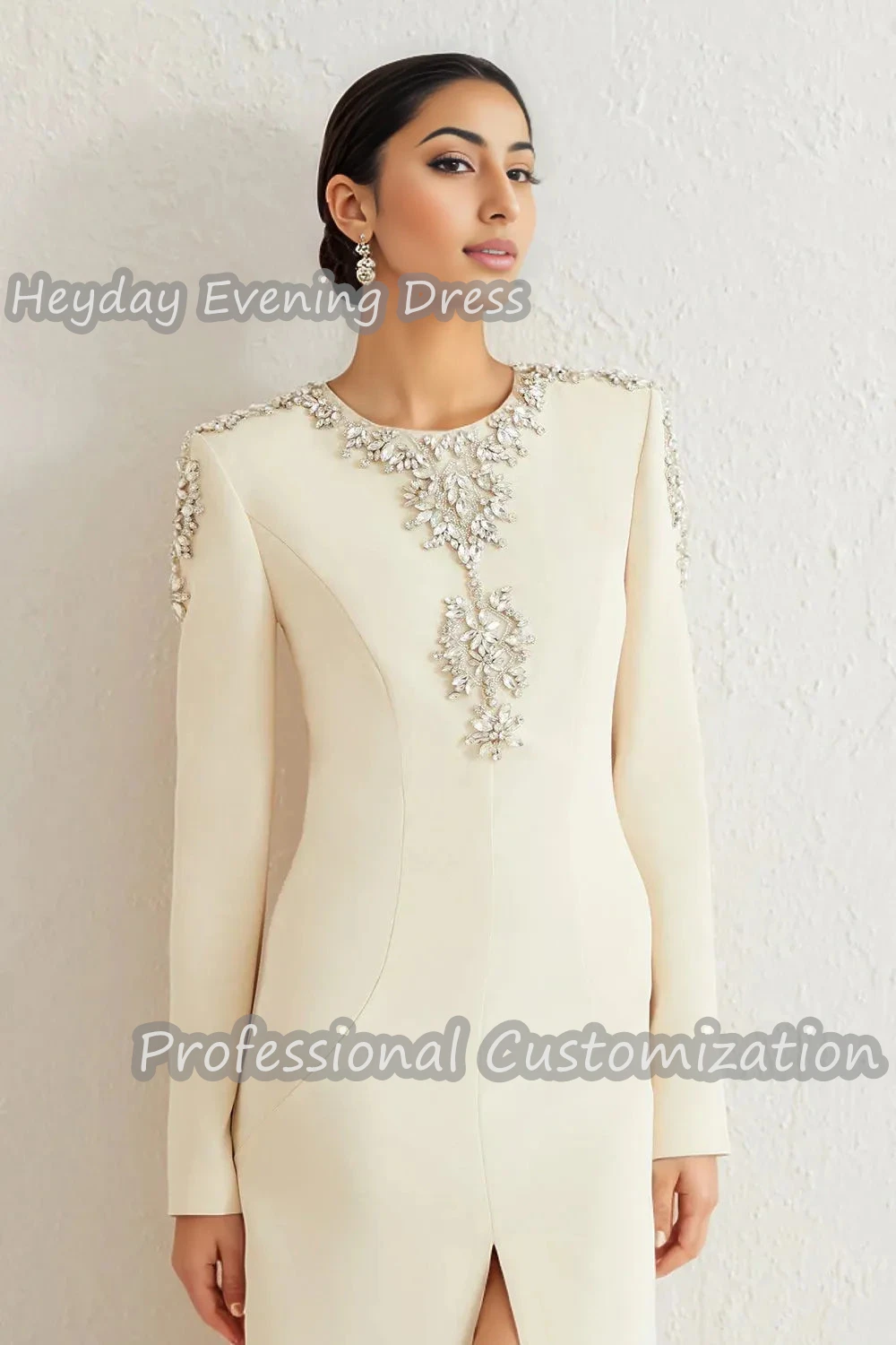 Heyday O-Neck Saudi Arabia Long Sleeves Straight Beaded Prom Gown Sexy Crepe Floor Length Elegant luxury Dress For Women 2024