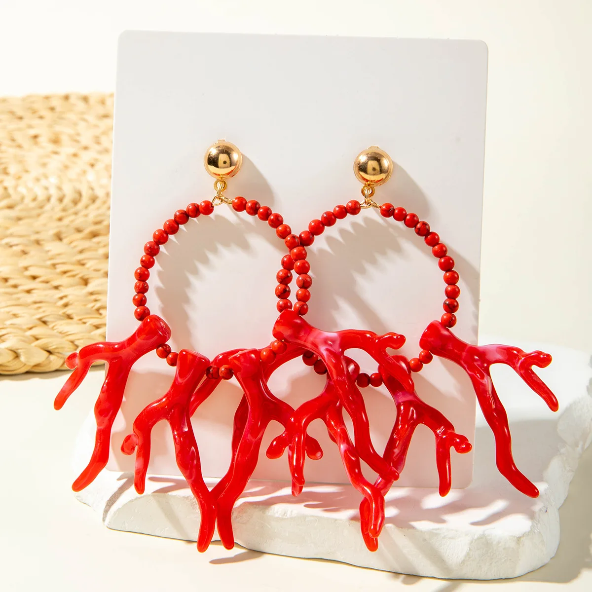 Modische rote Korallen-Ohrringe für Damen, elegante Imitationsperlen, Seestern-Ohrringe, Bohemia, Sommer, Strand, Schmuckzubehör – Detail 9