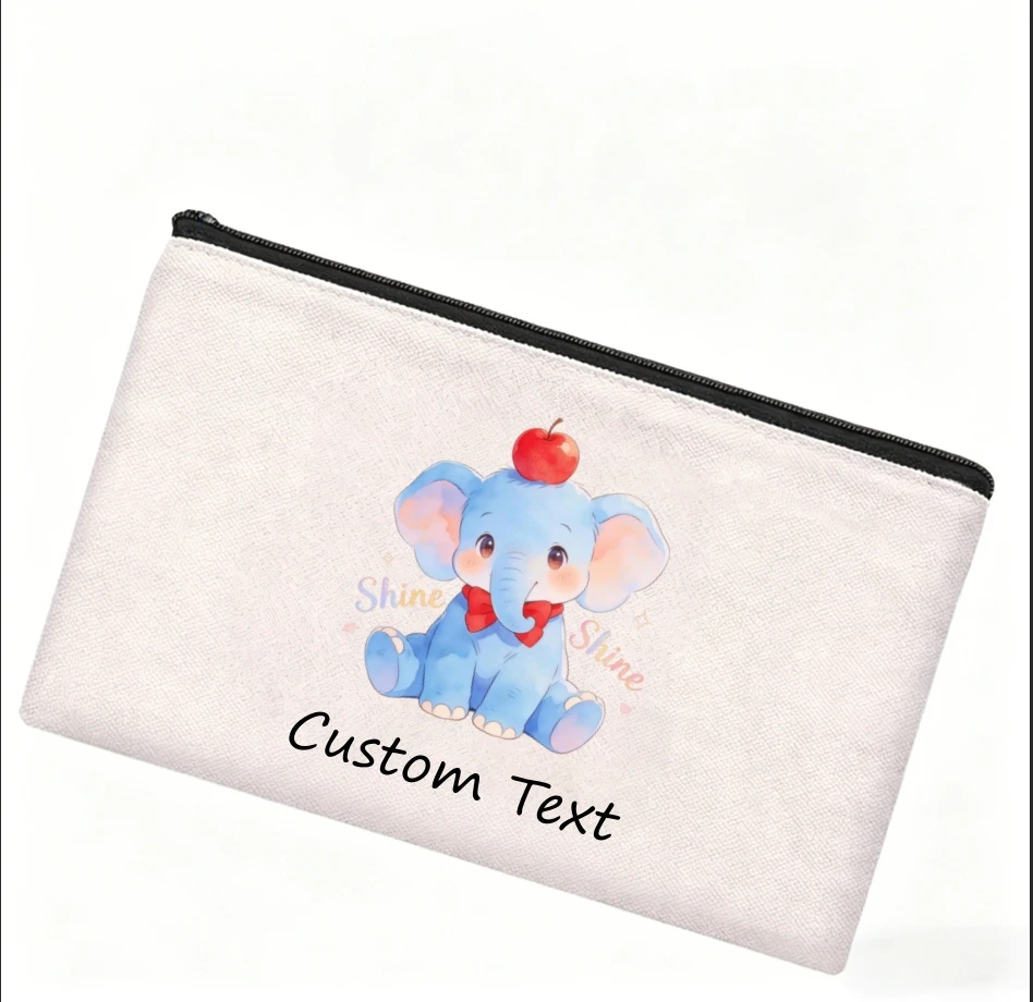 1PC Custom Text Cute Blue Elephant With Red Apple Bow‑tie Cosmetic Bag Personalized Canvas Zipper Storage Pouch