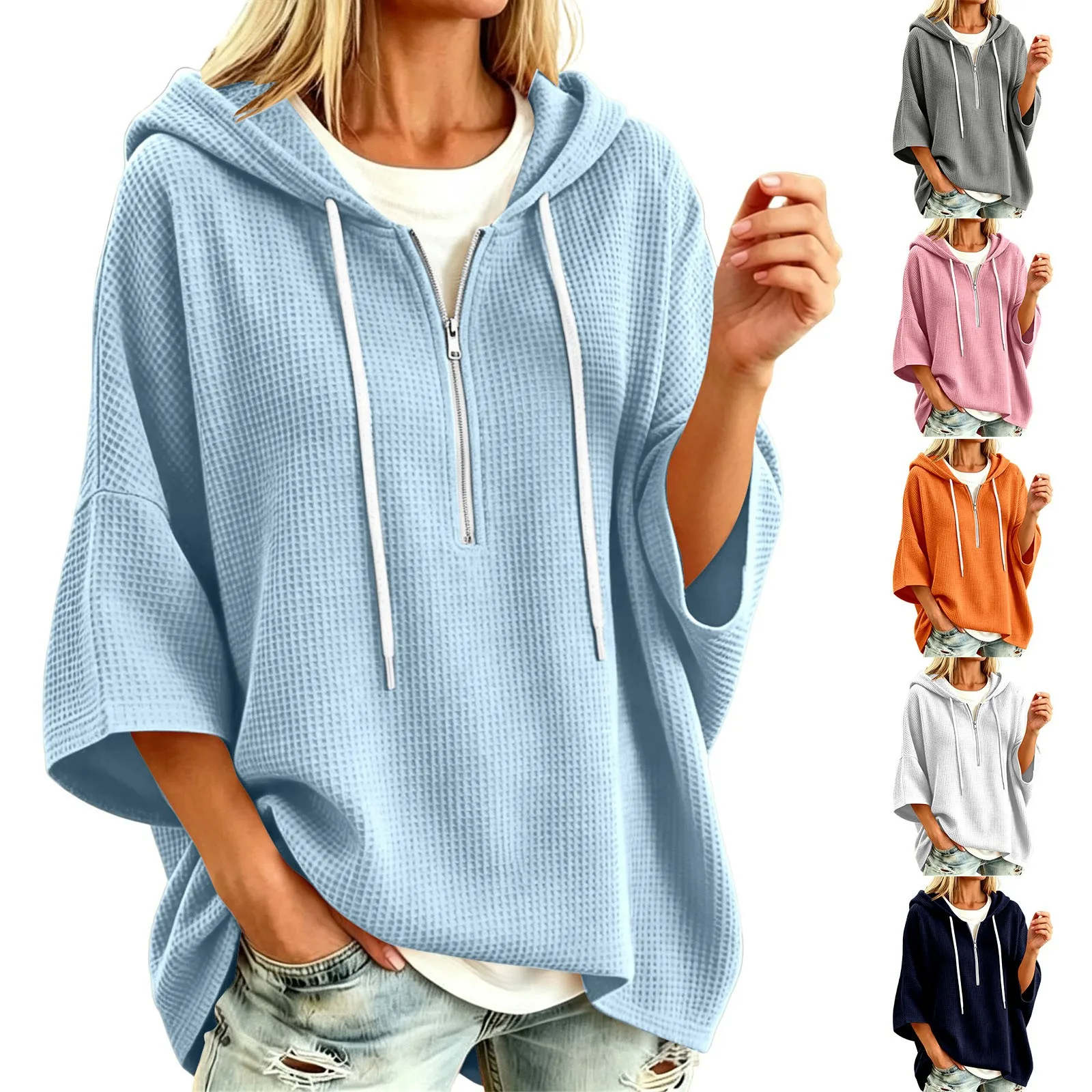 Women Waffle Knit Hoodie Half Zip Drawstring 3/4 Batwing Sleeve With Side Pockets Loose Oversized Pullover Solid Autumn Hoodies