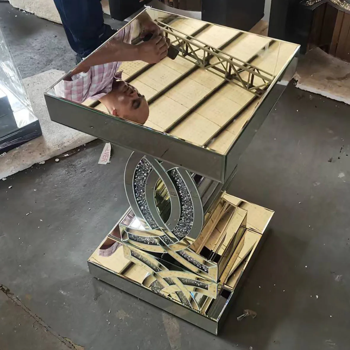 Light luxury mirror double C glass rhinestone square conference side table coffee table living room home