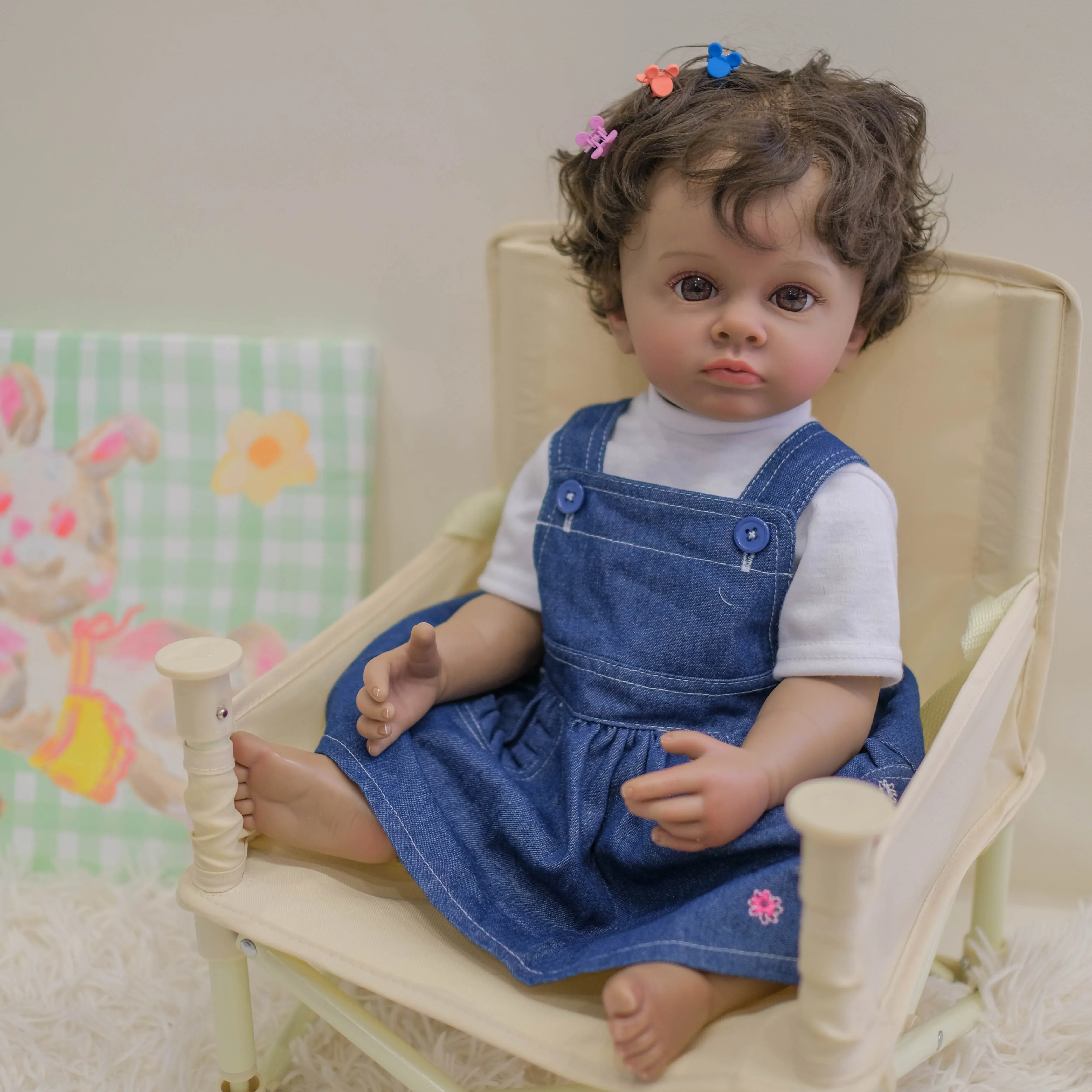 22inch Tutti Reborn Baby Doll Full Vinyl Girl Body Dark Skin Hand-detailed Paiting Rooted Hair waterproof Toy